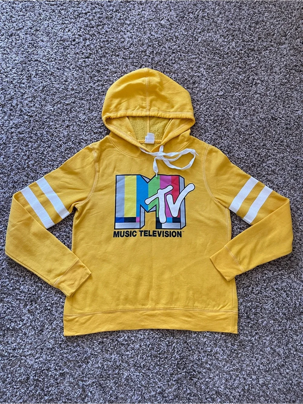 MTV Music Television Hoodie Yellow Retro Varsity Stripe Sweatshirt Womens Size L